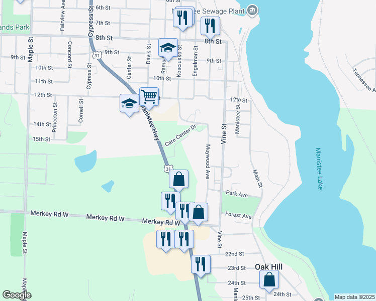 map of restaurants, bars, coffee shops, grocery stores, and more near 1225 U.S. 31 in Manistee