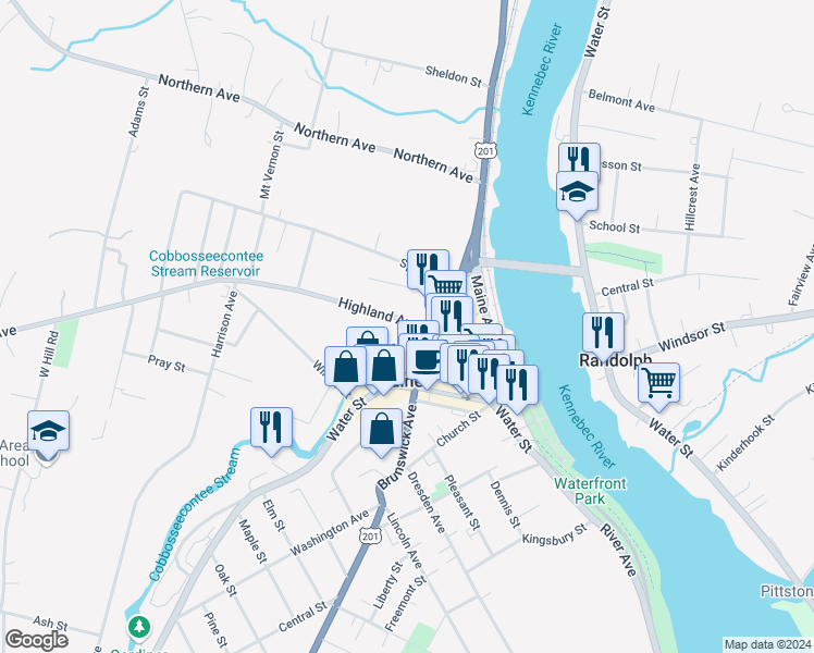 map of restaurants, bars, coffee shops, grocery stores, and more near 36 Highland Avenue in Gardiner