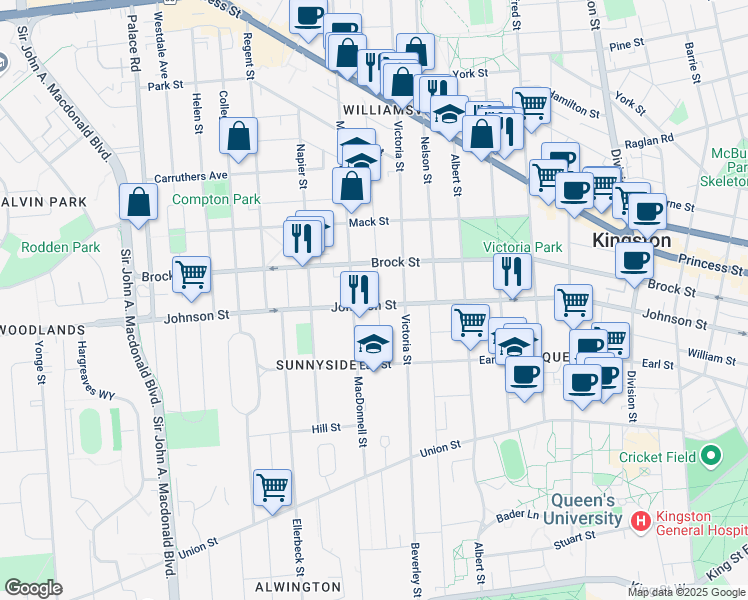 map of restaurants, bars, coffee shops, grocery stores, and more near 90 Toronto Street in Kingston