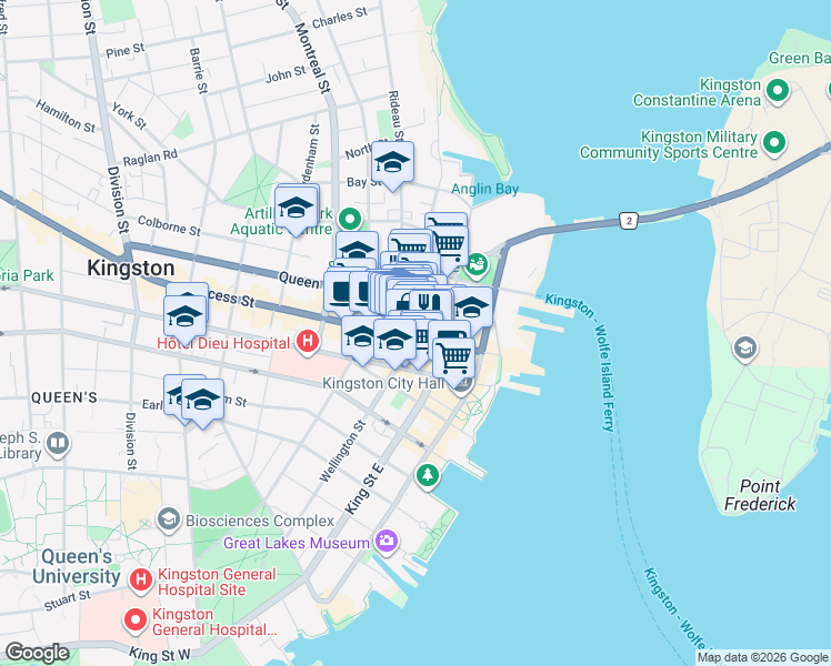 map of restaurants, bars, coffee shops, grocery stores, and more near 89 Princess Street in Kingston