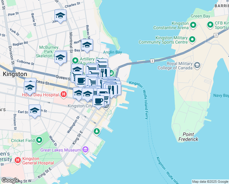 map of restaurants, bars, coffee shops, grocery stores, and more near 275 Ontario Street in Kingston