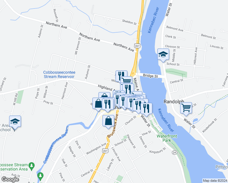 map of restaurants, bars, coffee shops, grocery stores, and more near 22 Highland Avenue in Gardiner
