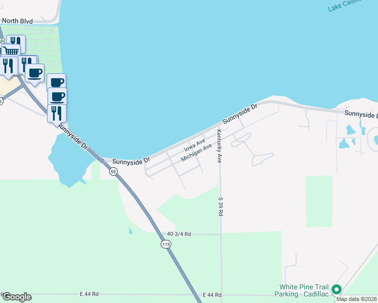 map of restaurants, bars, coffee shops, grocery stores, and more near Iowa Avenue in Cadillac