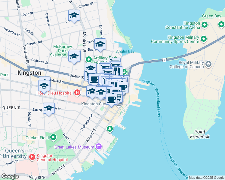 map of restaurants, bars, coffee shops, grocery stores, and more near 27 Princess Street in Kingston