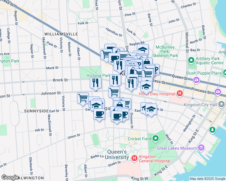 map of restaurants, bars, coffee shops, grocery stores, and more near 419 Johnson Street in Kingston