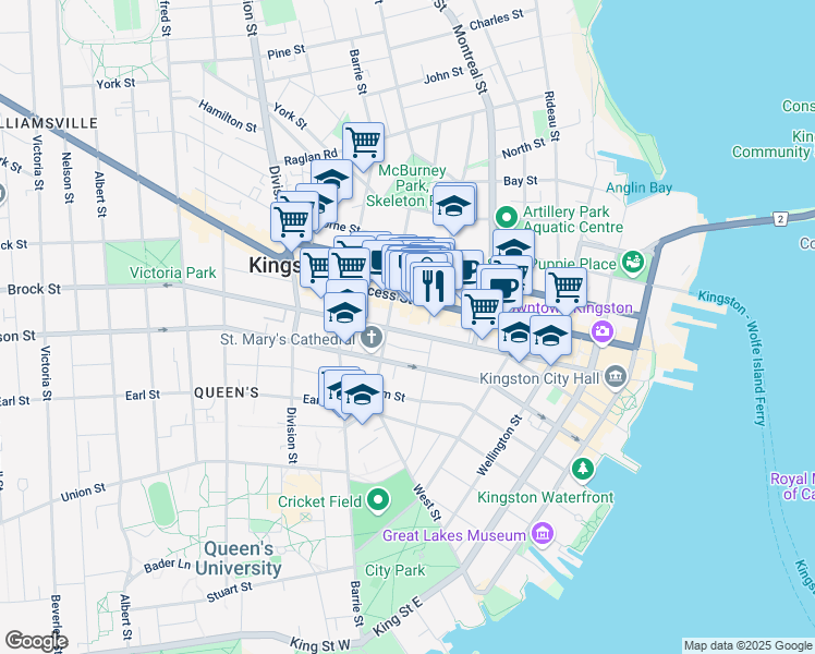 map of restaurants, bars, coffee shops, grocery stores, and more near 239 Princess Street in Kingston