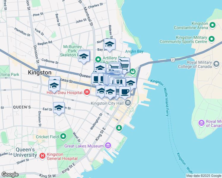 map of restaurants, bars, coffee shops, grocery stores, and more near 105 Kingston 2 in Kingston