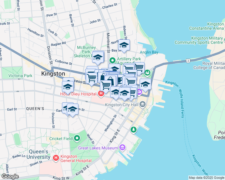 map of restaurants, bars, coffee shops, grocery stores, and more near 160 Princess Street in Kingston