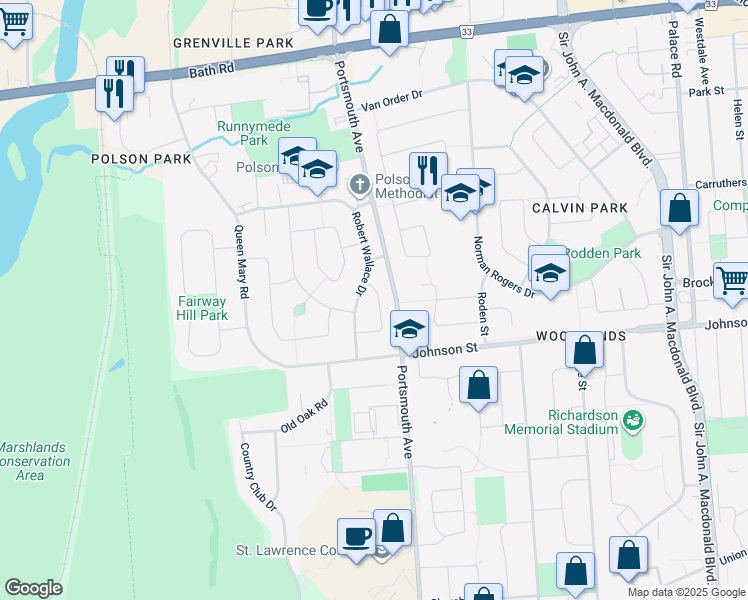 map of restaurants, bars, coffee shops, grocery stores, and more near 56 Mackenzie Crescent in Kingston