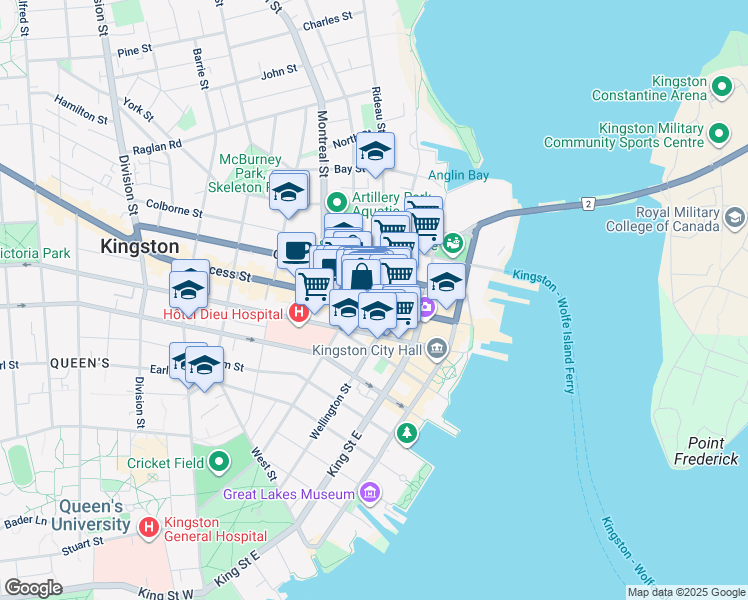 map of restaurants, bars, coffee shops, grocery stores, and more near 108 Queen Street in Kingston