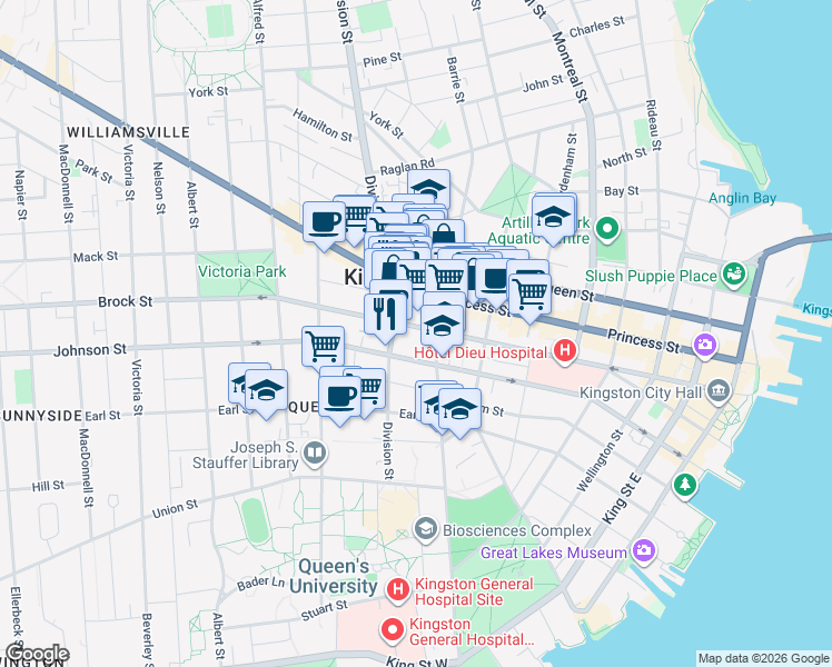 map of restaurants, bars, coffee shops, grocery stores, and more near 322 Brock Street in Kingston
