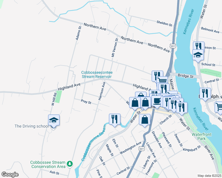 map of restaurants, bars, coffee shops, grocery stores, and more near 98 Winter Street in Gardiner