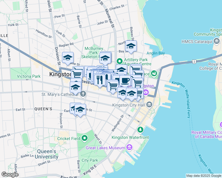 map of restaurants, bars, coffee shops, grocery stores, and more near in Kingston