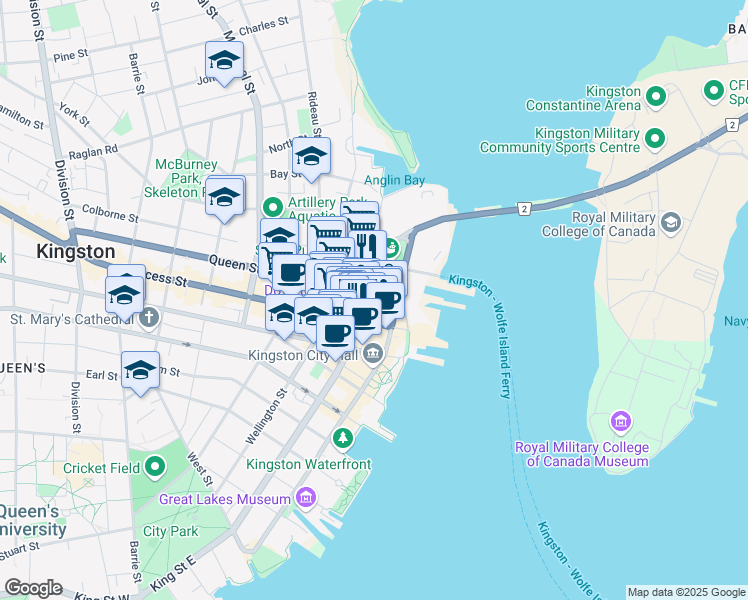 map of restaurants, bars, coffee shops, grocery stores, and more near 27 Princess Street in Kingston