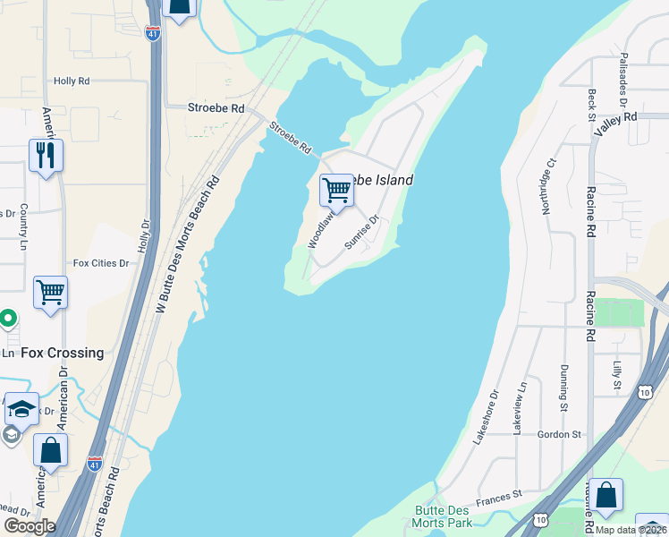 map of restaurants, bars, coffee shops, grocery stores, and more near 2151 Sunrise Drive in Appleton