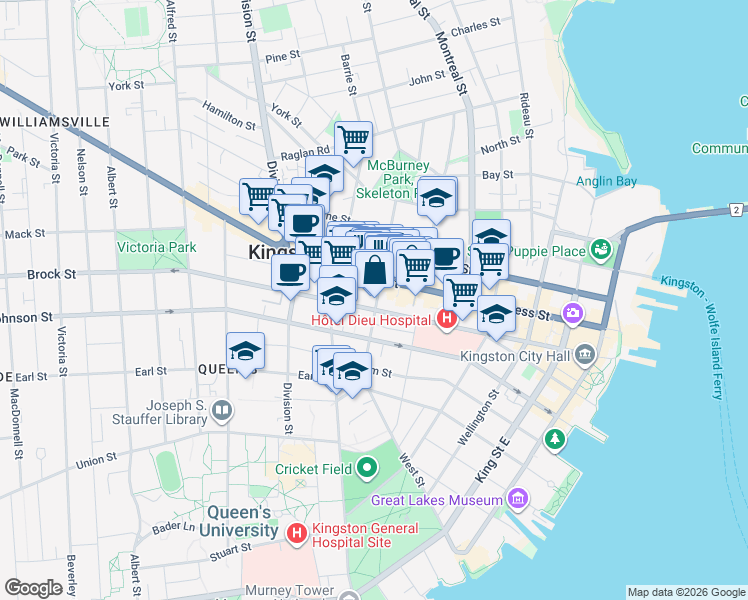 map of restaurants, bars, coffee shops, grocery stores, and more near 102 Clergy Street East in Kingston