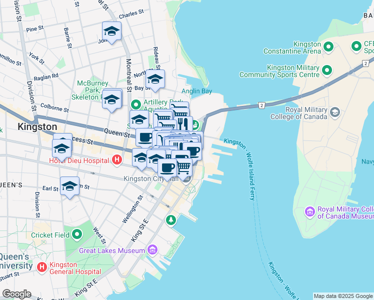 map of restaurants, bars, coffee shops, grocery stores, and more near 27 Princess Street in Kingston