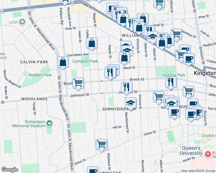 map of restaurants, bars, coffee shops, grocery stores, and more near in Kingston
