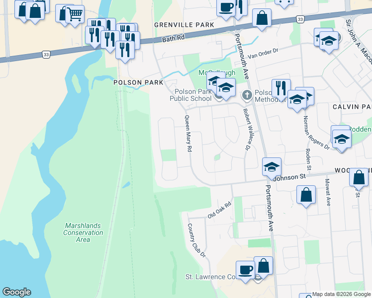 map of restaurants, bars, coffee shops, grocery stores, and more near 86 Queen Mary Road in Kingston