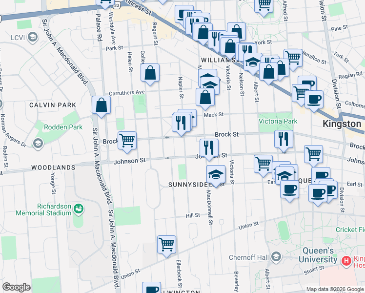 map of restaurants, bars, coffee shops, grocery stores, and more near in Kingston