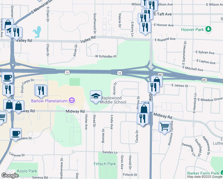 map of restaurants, bars, coffee shops, grocery stores, and more near 1604-1606 Acorn Court in Menasha