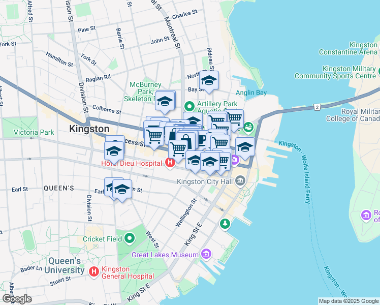 map of restaurants, bars, coffee shops, grocery stores, and more near 163 Princess Street in Kingston