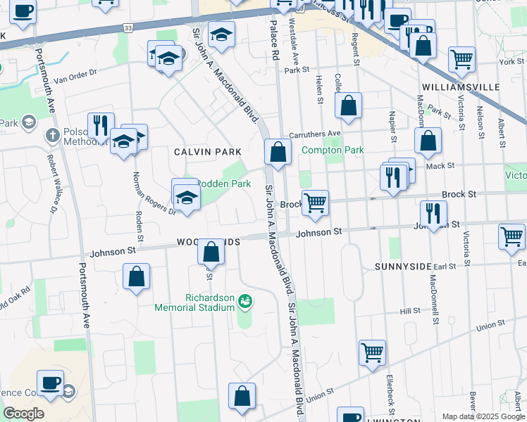 map of restaurants, bars, coffee shops, grocery stores, and more near 36 Cliff Crescent in Kingston