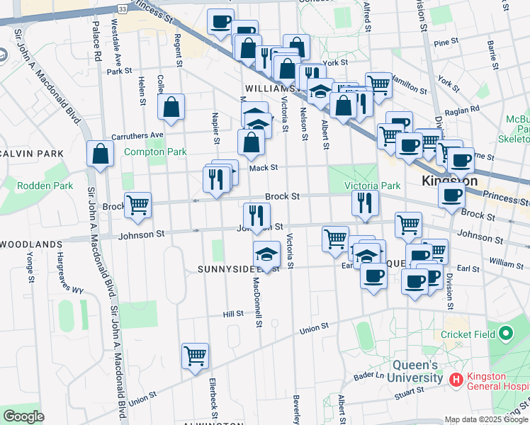map of restaurants, bars, coffee shops, grocery stores, and more near 90 Toronto Street in Kingston