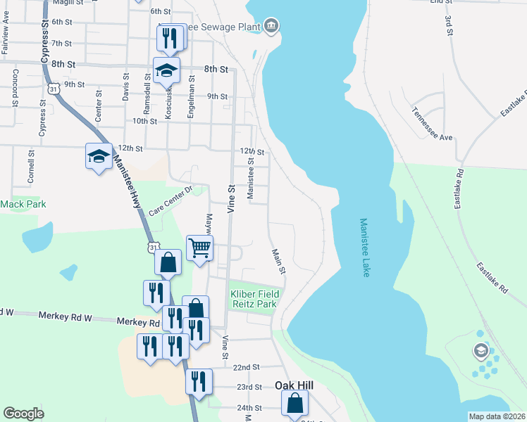 map of restaurants, bars, coffee shops, grocery stores, and more near 1506 Main Street in Manistee
