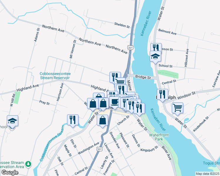 map of restaurants, bars, coffee shops, grocery stores, and more near 36 Highland Avenue in Gardiner