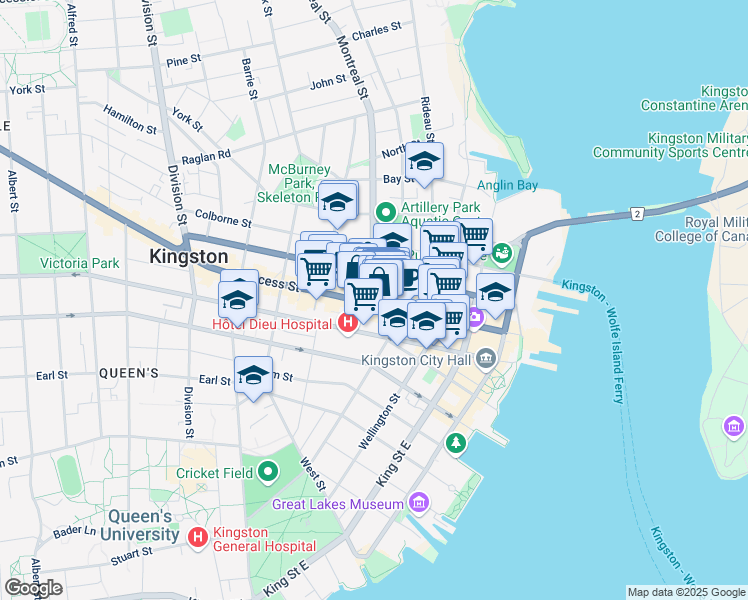 map of restaurants, bars, coffee shops, grocery stores, and more near 183 Princess Street in Kingston