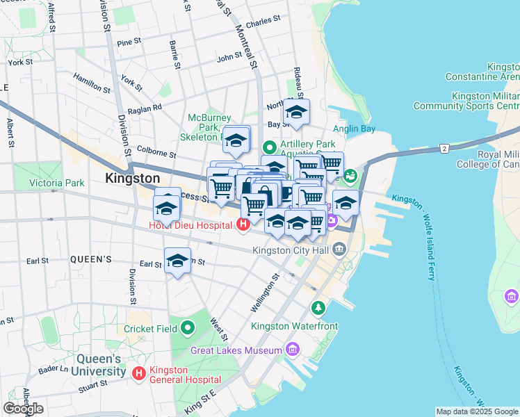 map of restaurants, bars, coffee shops, grocery stores, and more near 187 Princess Street in Kingston
