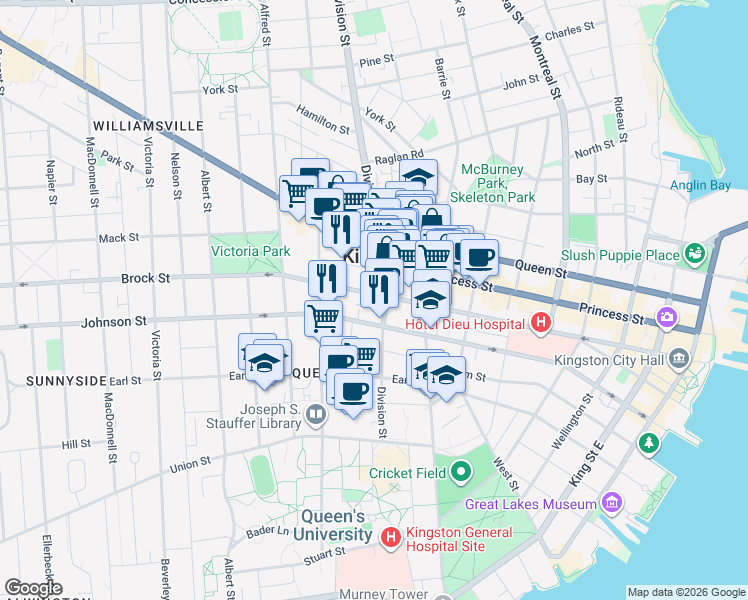 map of restaurants, bars, coffee shops, grocery stores, and more near 368 Brock Street in Kingston