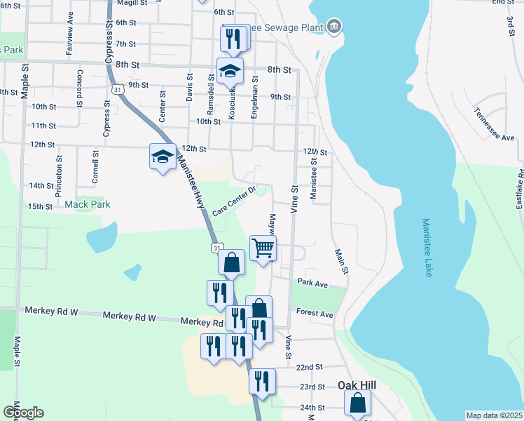 map of restaurants, bars, coffee shops, grocery stores, and more near 1225 U.S. 31 in Manistee
