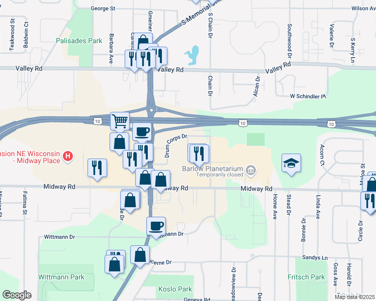 map of restaurants, bars, coffee shops, grocery stores, and more near 1685 Drum Corps Drive in Menasha