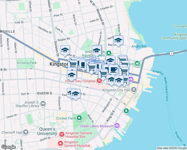 map of restaurants, bars, coffee shops, grocery stores, and more near 248 Princess Street in Kingston