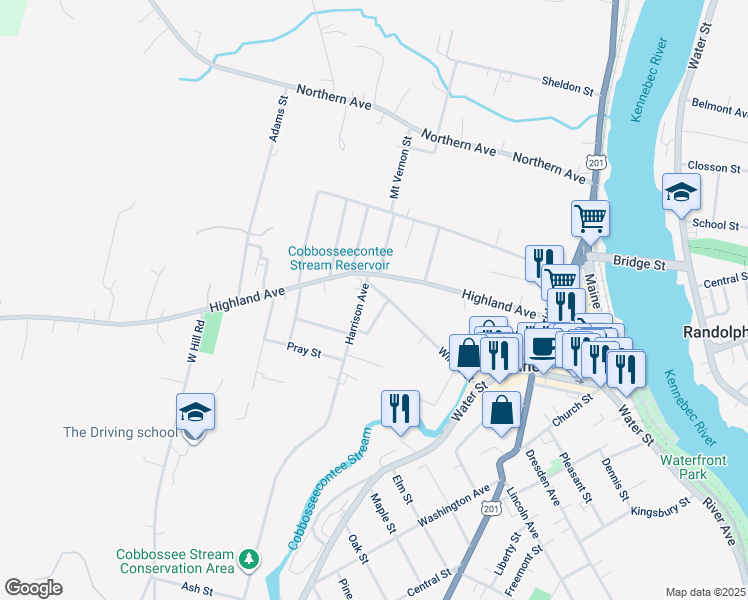 map of restaurants, bars, coffee shops, grocery stores, and more near 98 Winter Street in Gardiner