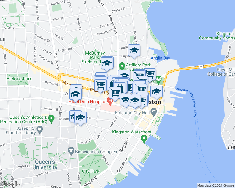map of restaurants, bars, coffee shops, grocery stores, and more near 187 Princess Street in Kingston