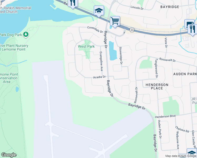 map of restaurants, bars, coffee shops, grocery stores, and more near 1077 Acadia Drive in Kingston