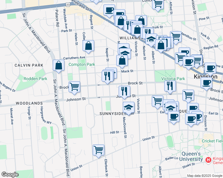 map of restaurants, bars, coffee shops, grocery stores, and more near 619 Brock Street in Kingston