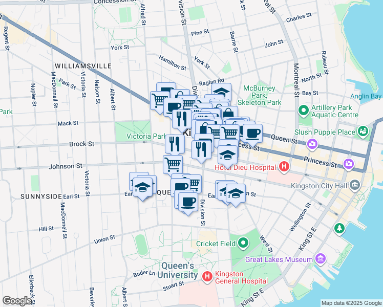 map of restaurants, bars, coffee shops, grocery stores, and more near 368 Brock Street in Kingston