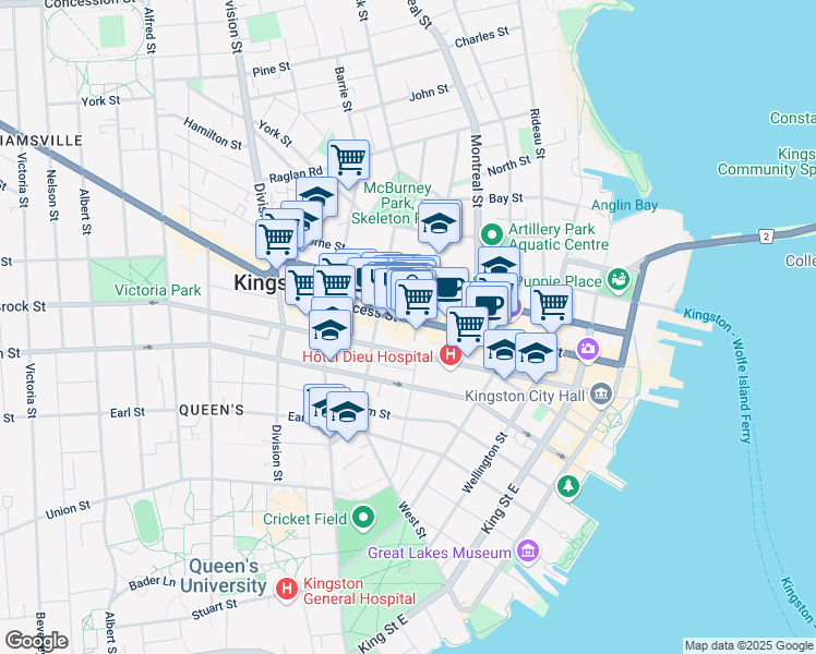 map of restaurants, bars, coffee shops, grocery stores, and more near 239 Princess Street in Kingston