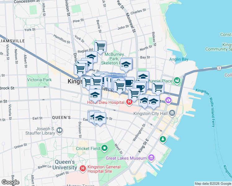 map of restaurants, bars, coffee shops, grocery stores, and more near 272 Princess Street in Kingston