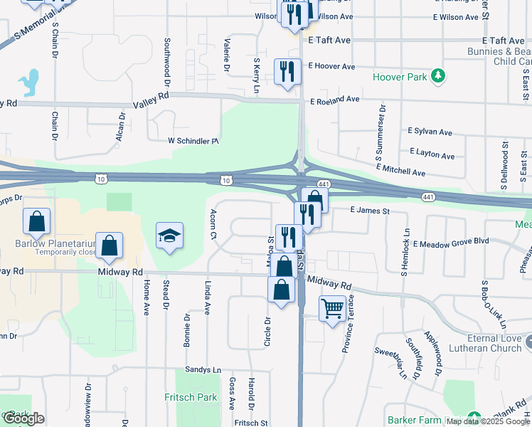 map of restaurants, bars, coffee shops, grocery stores, and more near 1609 Maloa Street in Menasha