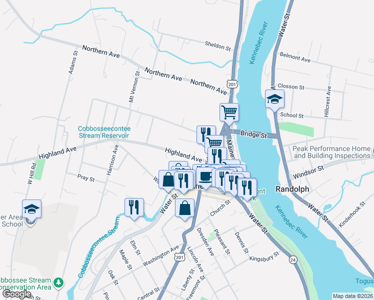 map of restaurants, bars, coffee shops, grocery stores, and more near 36 Highland Avenue in Gardiner