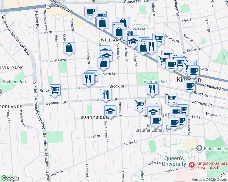 map of restaurants, bars, coffee shops, grocery stores, and more near in Kingston