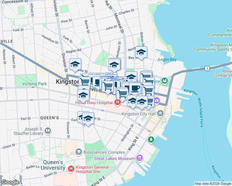 map of restaurants, bars, coffee shops, grocery stores, and more near 223 Princess Street in Kingston