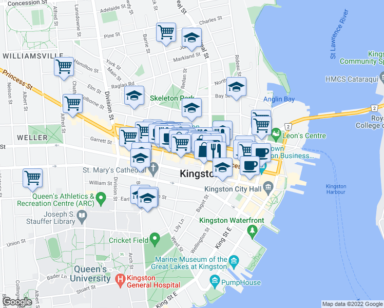 map of restaurants, bars, coffee shops, grocery stores, and more near 227 Princess Street in Kingston
