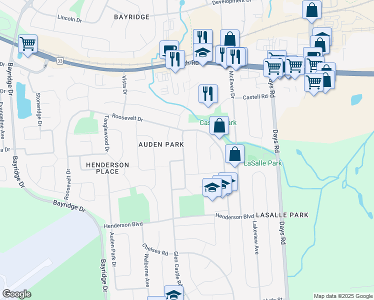 map of restaurants, bars, coffee shops, grocery stores, and more near 418 Knightsbridge Road in Kingston