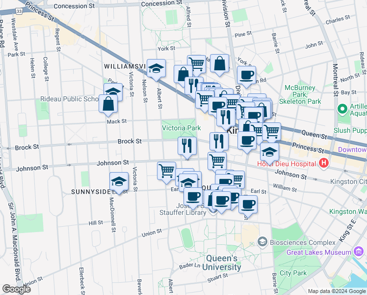 map of restaurants, bars, coffee shops, grocery stores, and more near 353 Frontenac Street in Kingston